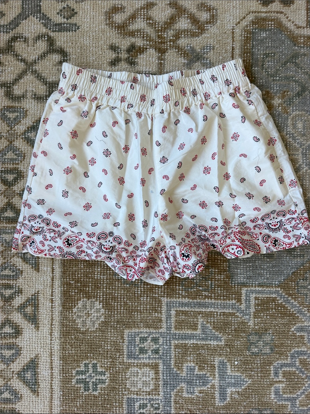 Madewell Cream Shorts with Red Paisley Border
